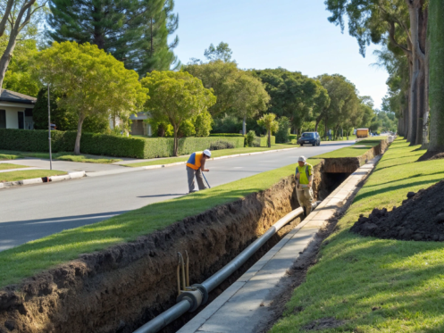 A deep trench for a traditional sewer replacement exposes pipes and disrupts a residential yard.