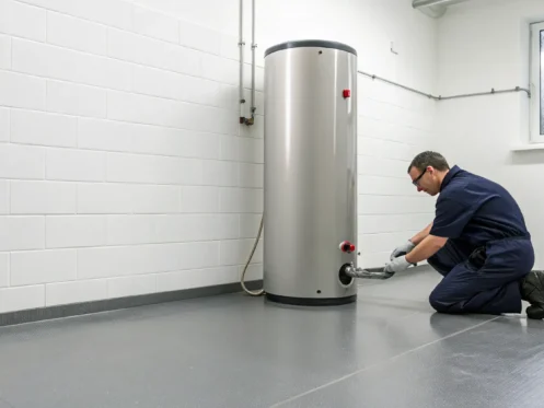 Technician making a safe temperature adjustment on a Rheem electric water heater.