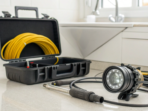 A sewer inspection camera system with its push cable and monitor.