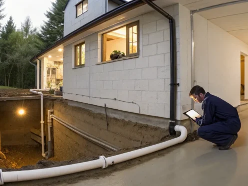 Plumber inspecting an exterior sewer line for a clog.