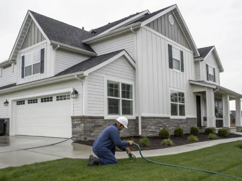 A plumber inspects a clogged sewer line outside a home, providing a professional solution.