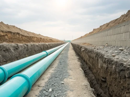 Sewer line replacement pipes in a trench, a major factor in the cost per foot.