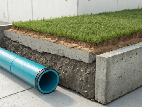 A sewer pipe repair sleeve inside a damaged pipe, shown in a cross-section of the ground.