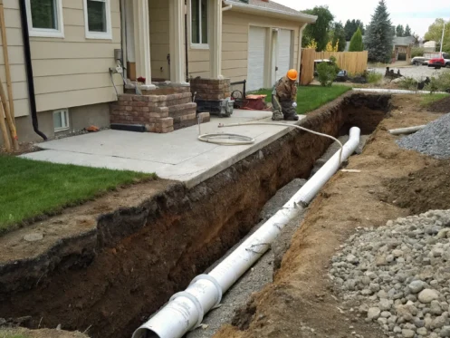 Sewer repair contractors replacing a residential sewer line in an open trench.