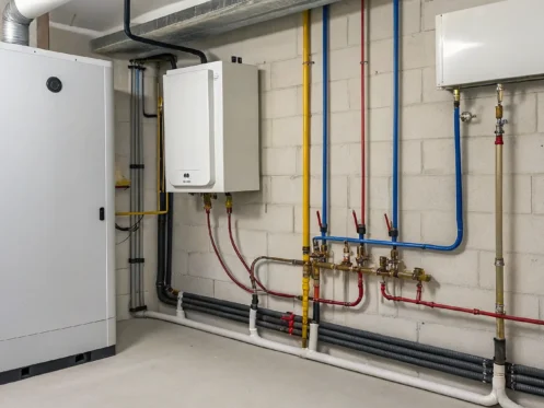 Tankless water heater furnace combo installed in a home utility room.