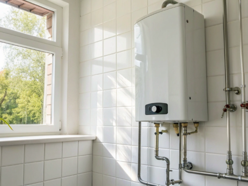 A new tankless water heater installation showing the unit and plumbing connections that factor into the total cost.