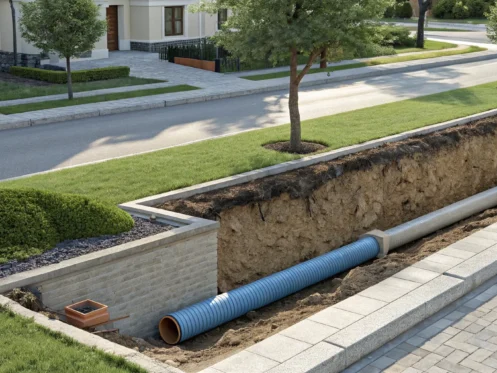 Exposed sewer line in a yard before a trenchless repair.