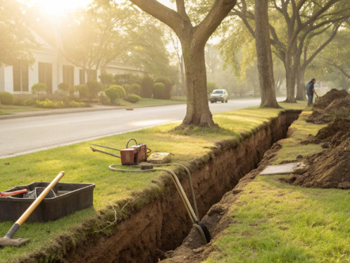 A deep trench dug for a sewer line replacement, a key part of the cost to replace 50 feet.