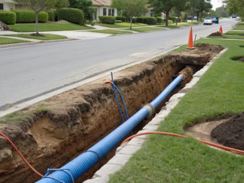 Sewer line replacement using the trenchless pipe bursting method with a new blue pipe.