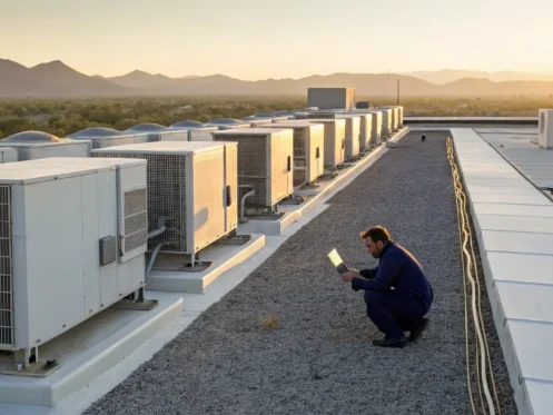 Commercial HVAC repair technicians servicing rooftop units in Oro Valley.