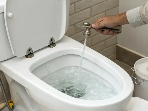 A hand adjusts the fill valve inside a toilet tank to fix a constantly running flush.