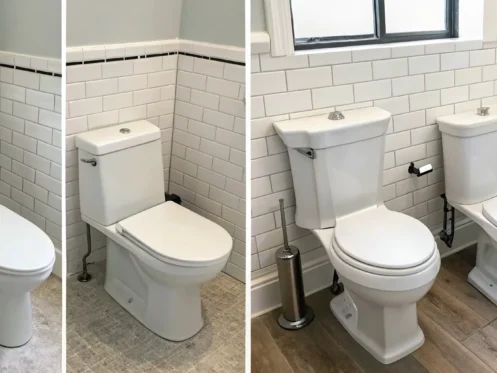 A row of toilets in a bathroom, a common problem when a toilet keeps running after a flush.