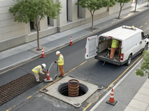 A crew performs a trenchless pipe lining repair on a damaged sewer line.