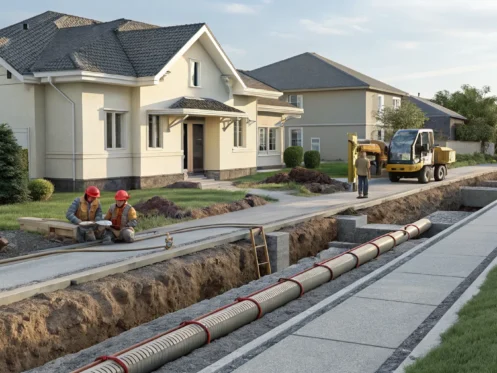 Trenchless sewer line replacement in progress, a key factor in the total project cost.