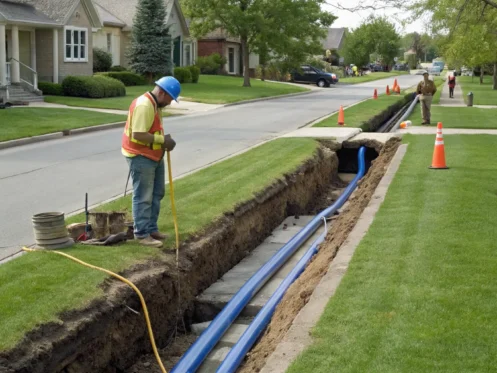 A large trench for a traditional sewer repair, compared to a trenchless repair.