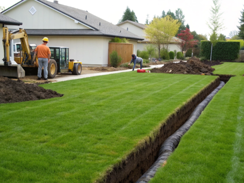 A trenchless sewer replacement in progress, saving a residential lawn from excavation.