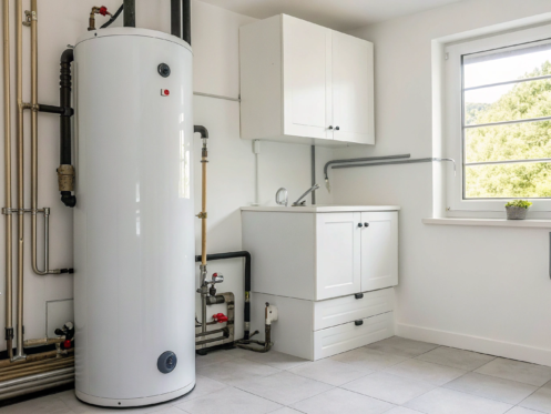 A modern water heater installation in a utility room.