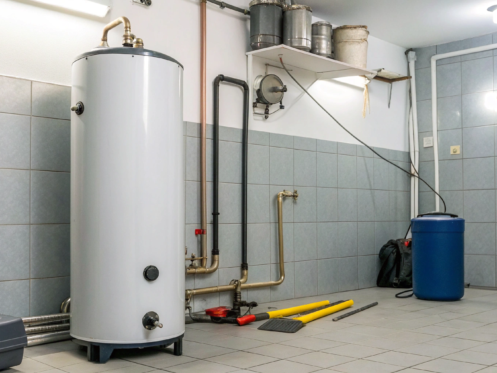A new water heater installation in progress with tools and pipes nearby.
