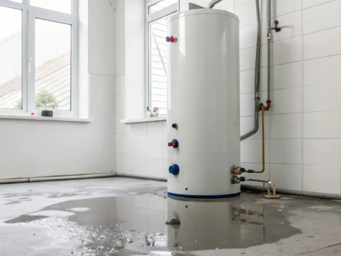 A hot water heater leaking water onto the floor.