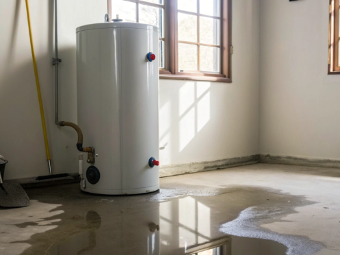 A leaking water heater pooling water on a garage floor.