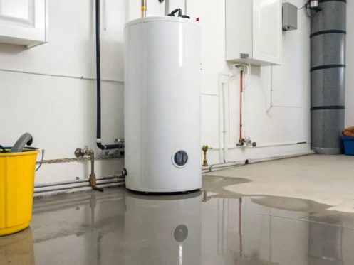 Water heater tank leaking from the bottom onto the floor.