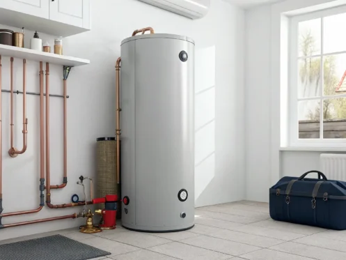 Labor cost to install a new water heater in a utility room with complex plumbing.