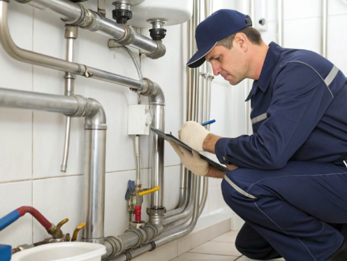 Commercial plumber inspecting and maintaining a complex pipe system.