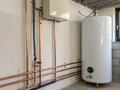 A water heater booster installed on a water heater to provide more hot water.