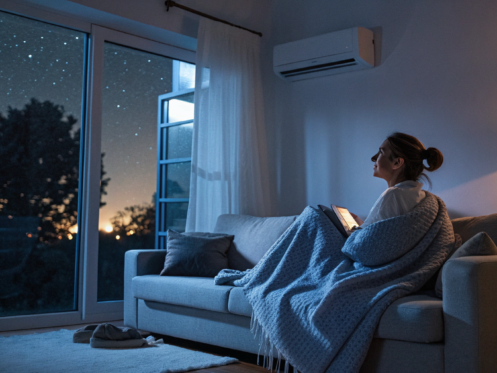 Woman waiting at home for an emergency after hours AC service technician at night.