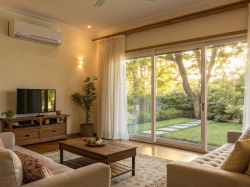 An efficient wall-mounted HVAC unit in a modern, sunlit living room.