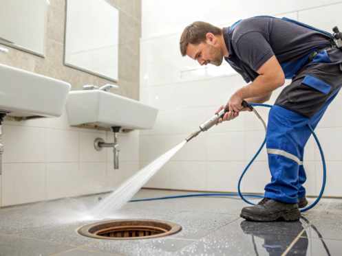 A professional plumber uses a hydro jetting machine for a deep drain cleaning.