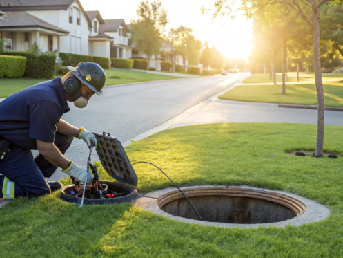 Sewer line repair technician inspecting a home's main sewer access point.