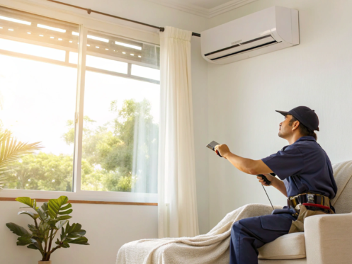 A technician performs an emergency 24 hour AC repair inside a home.