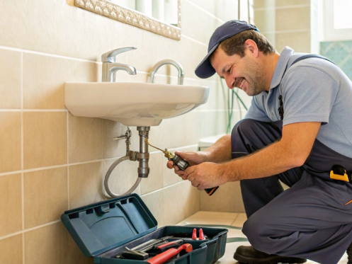 A plumber performs an emergency drain cleaning service on a clogged bathroom sink.