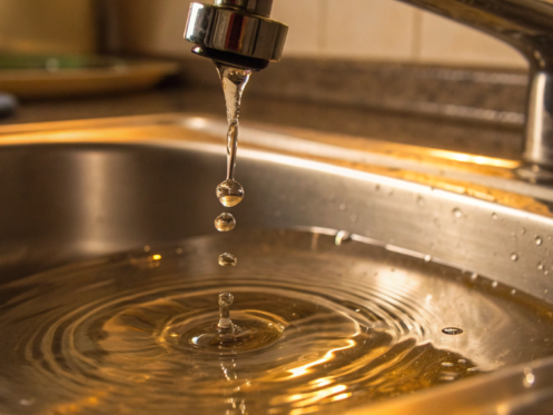 A dripping kitchen faucet over a sink, symbolizing the cost to fix a leaking pipe.