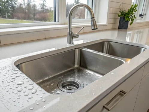 A plumber is needed for a clogged kitchen sink drain.