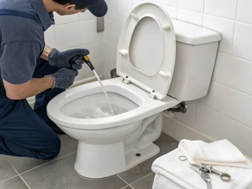 A professional plumber repairs a running toilet.