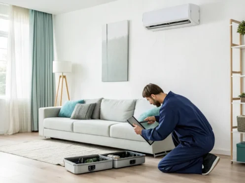 AC technician servicing a home air conditioner.