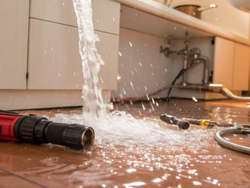 A burst pipe flooding a kitchen is a clear sign to call an emergency plumber.