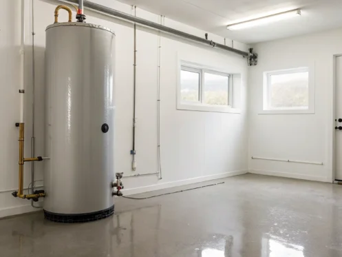 A dangerous water heater leaking from the top with water pooling on the floor.