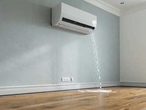 AC unit leaking water on the floor, a problem caused by a clogged drain line or frozen coils.