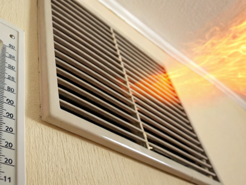 A thermostat and AC vent from an air conditioner that is running but not cooling.