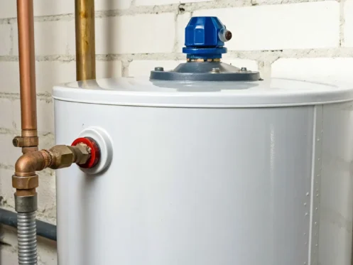 Water leaking from the cold water inlet pipe on top of a water heater.
