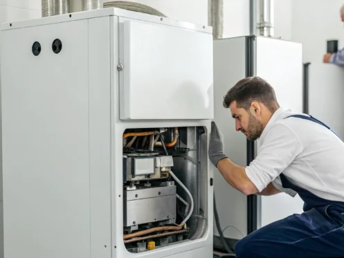 Technician fixing a furnace blowing cold air after a thermostat change.