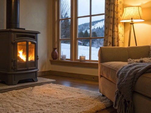 A furnace running in a cozy living room, a common subject for home heating repair.