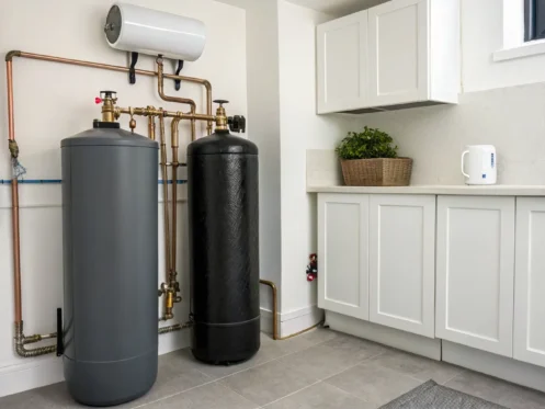 A water softener system installation with pipes connected to the main water supply.
