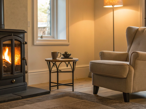 A wood stove providing warmth while waiting for an emergency furnace installation.