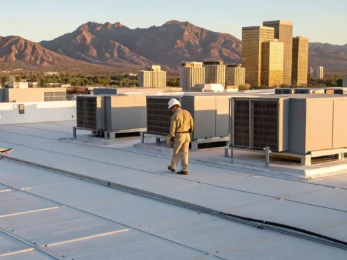 Commercial HVAC technicians repairing a rooftop unit in Tucson.