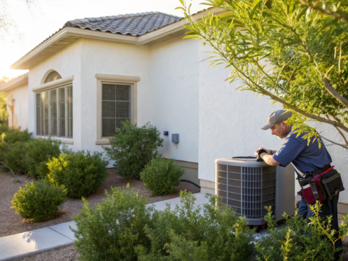 HVAC service technician working on a residential air conditioner in Marana.