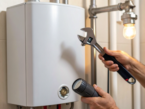 A tankless water heater repair in progress with a wrench and flashlight.
